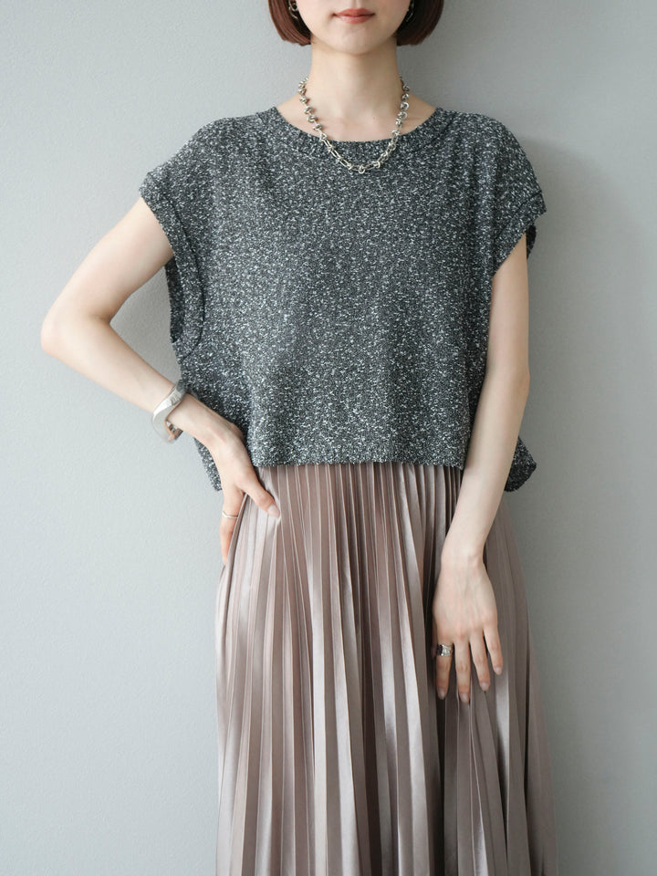 [SET]ネップヤーンクロップドニットベスト+サテンプリーツマキシスカート(2set)