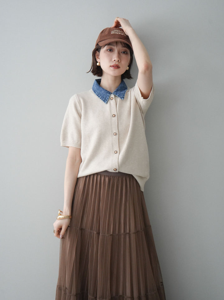 [予約]デニム襟ボタンハーフスリーブニットプルオーバー/beige