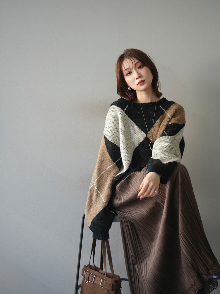 [SET]配色ステッチアーガイル柄ニットプルオーバー+選べるアクセセット(2set)