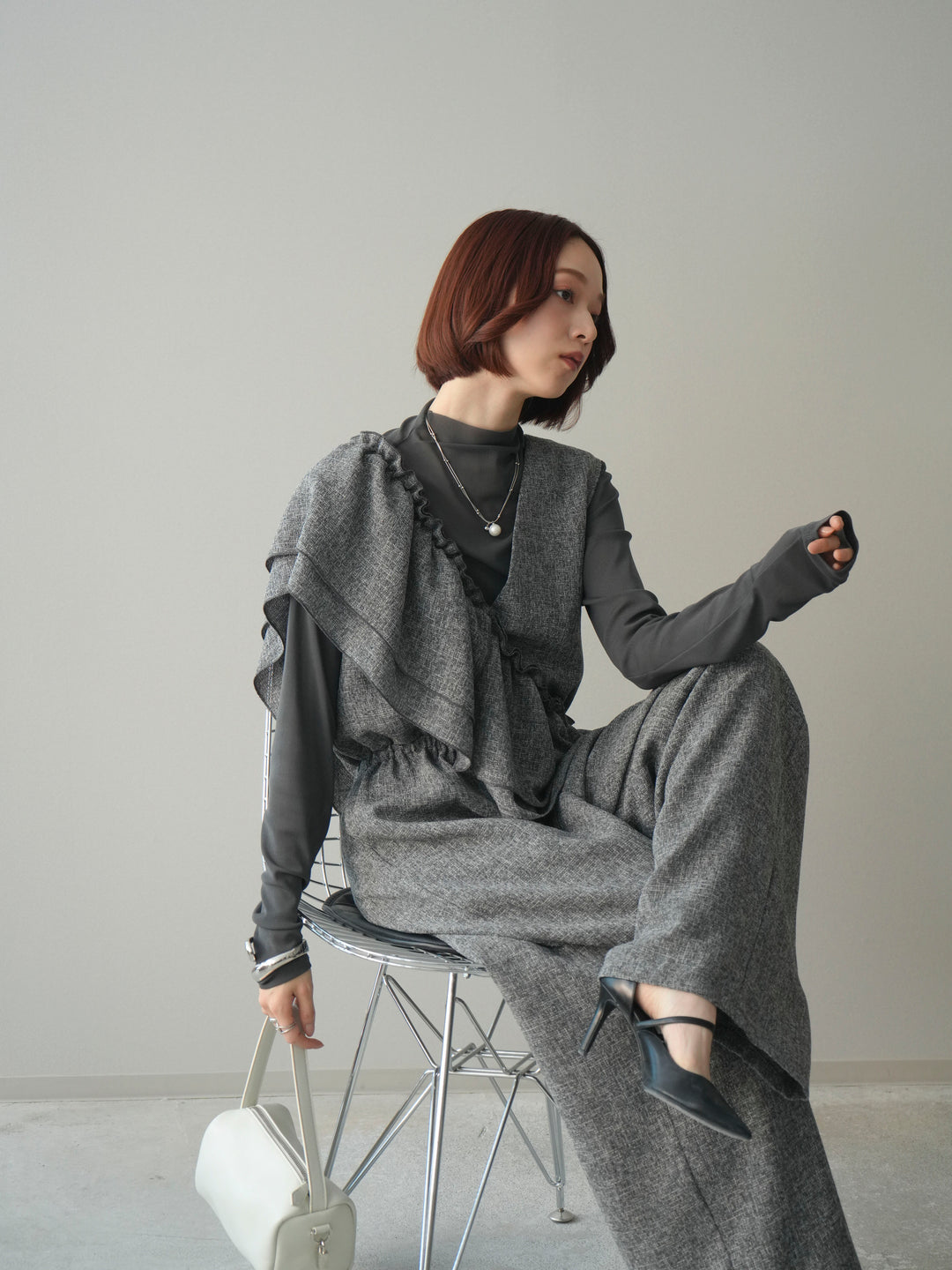 [SET]3WAYミックスツイードギャザーオールインワン+シアープチネックストレッチトップス(2set)