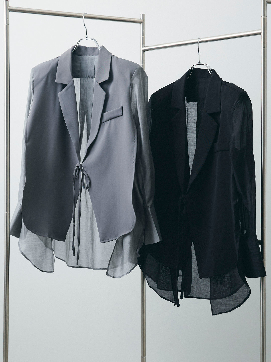 [SET]シアー切替テーラードジャケット+リネンライクカシュクールデザインビスチェ+コクーンワイドチノパンツ(3set)