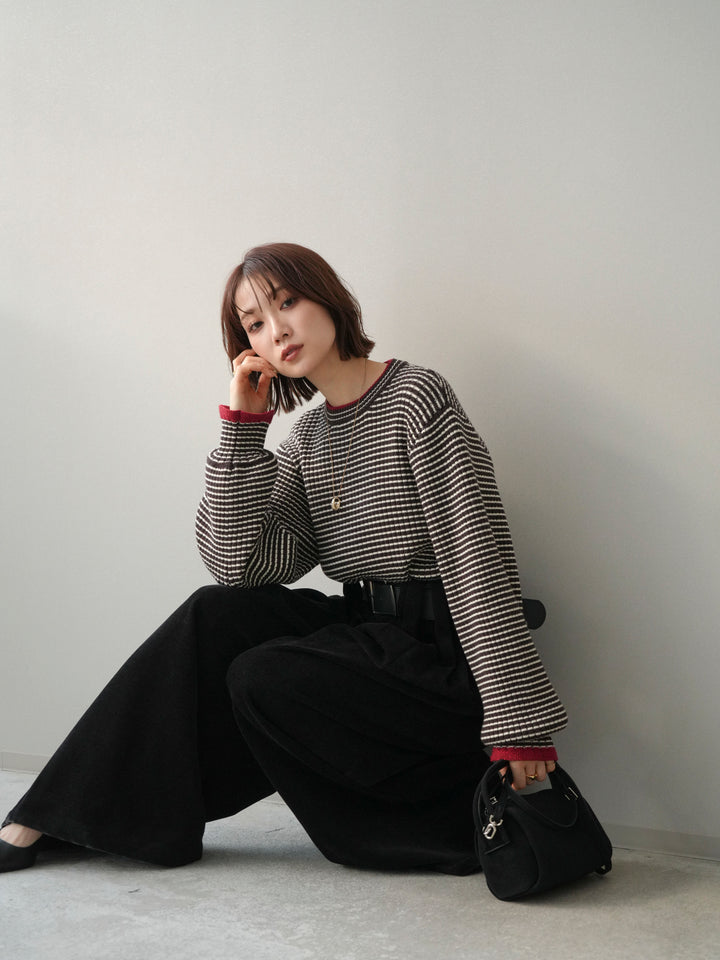 [予約]ラメ異素材ボーダーリブニットプルオーバー/brown×red