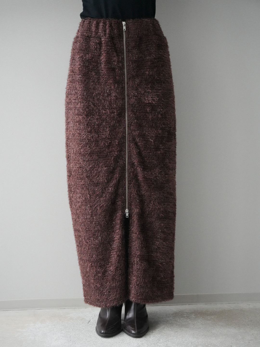 [予約]ラメシャギーフロントジップスカート/brown