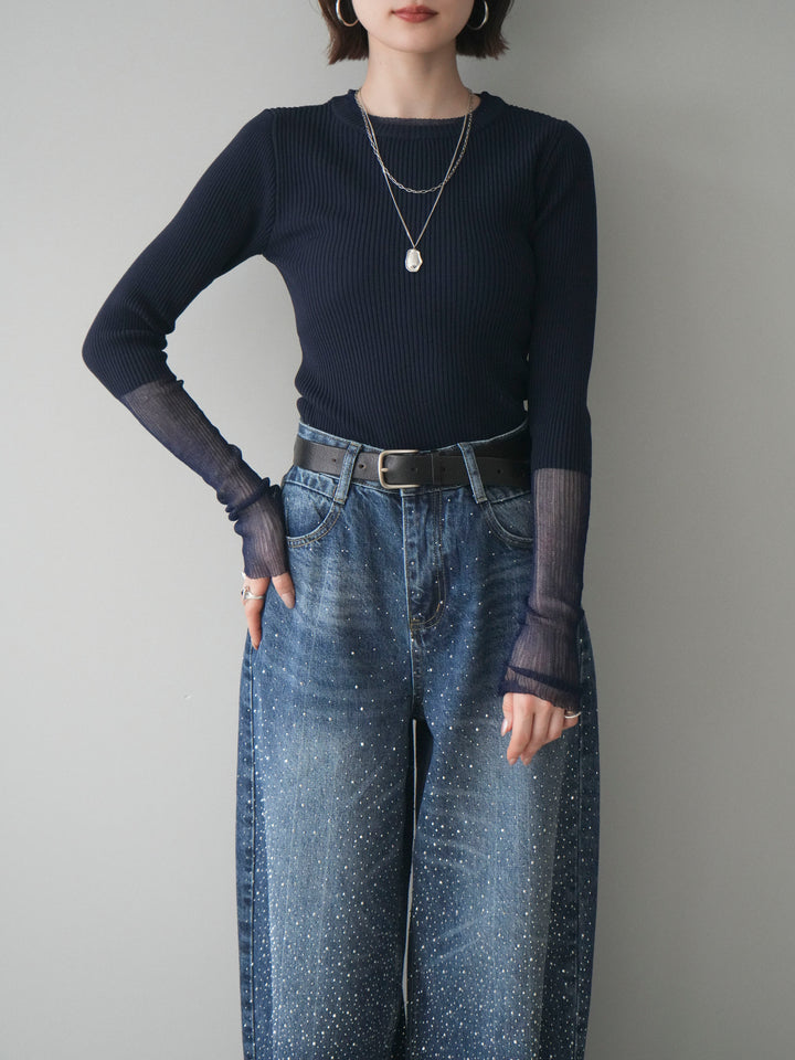 [SET]リブラメシアー切替リブニットトップス+ラインストーンカーブデニムパンツ(2set)