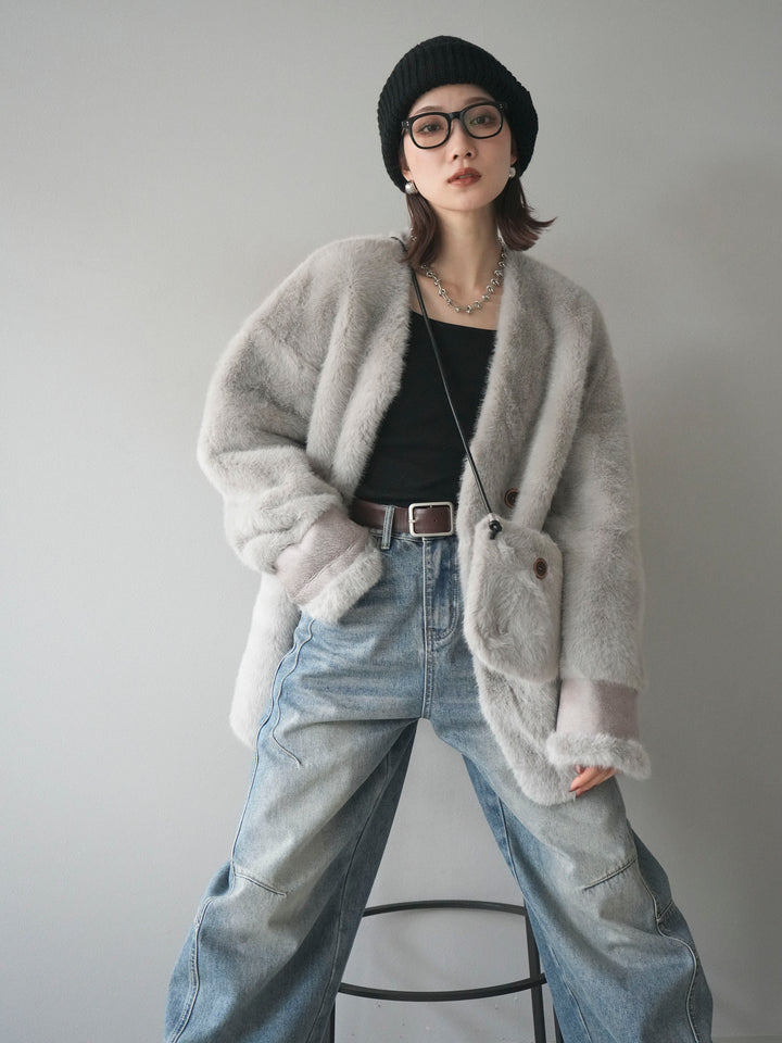 [予約]バッグ付エコファーノーカラーコート/gray