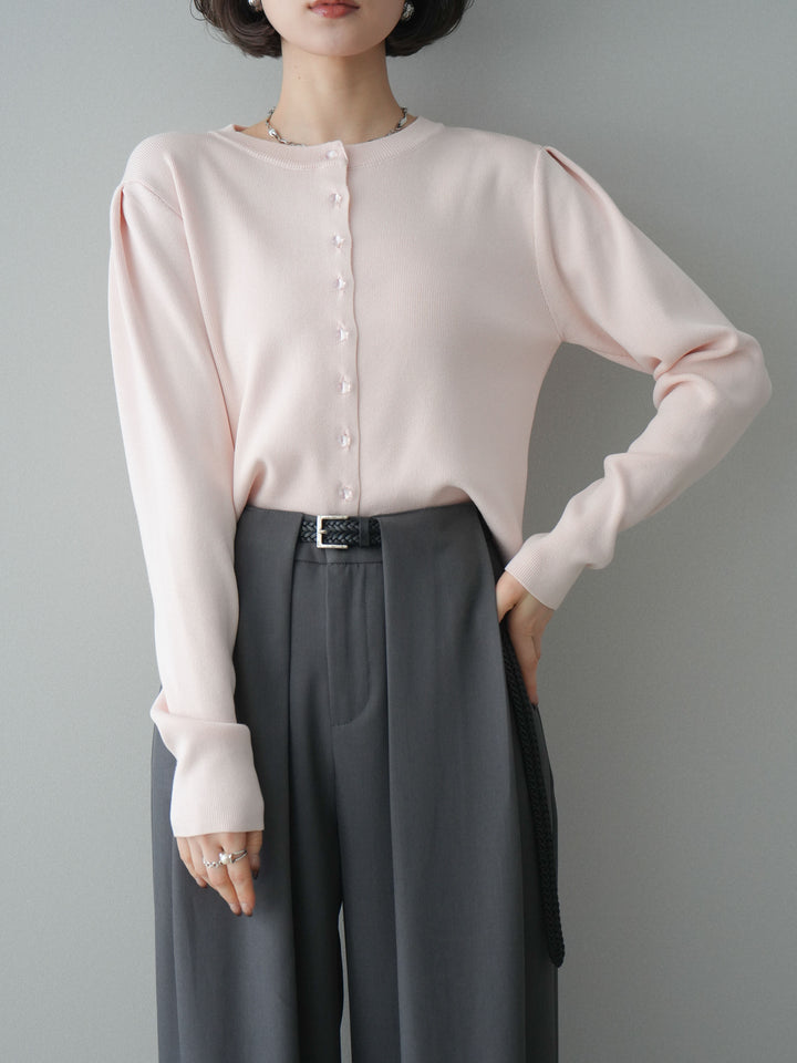 [SET]クリアボタンタックニットカーディガン+ベルトループデザインワイドパンツ(2set)