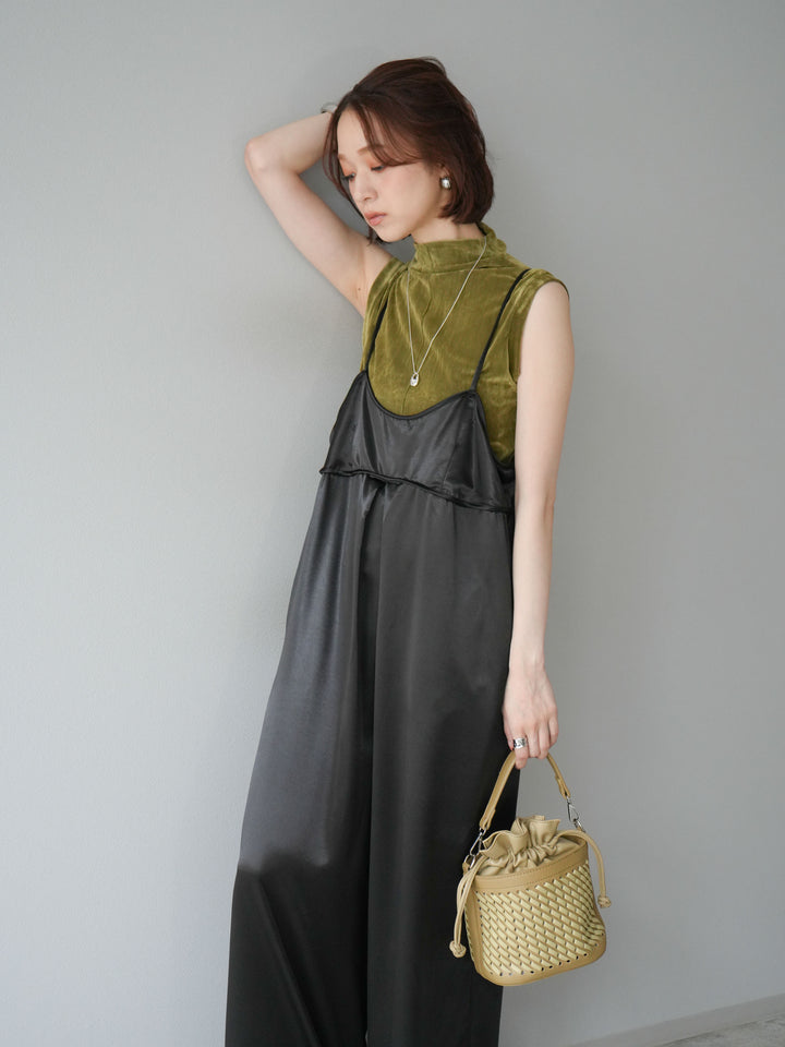 [予約]シアーベロアプチネックノースリーブトップス/カーキ