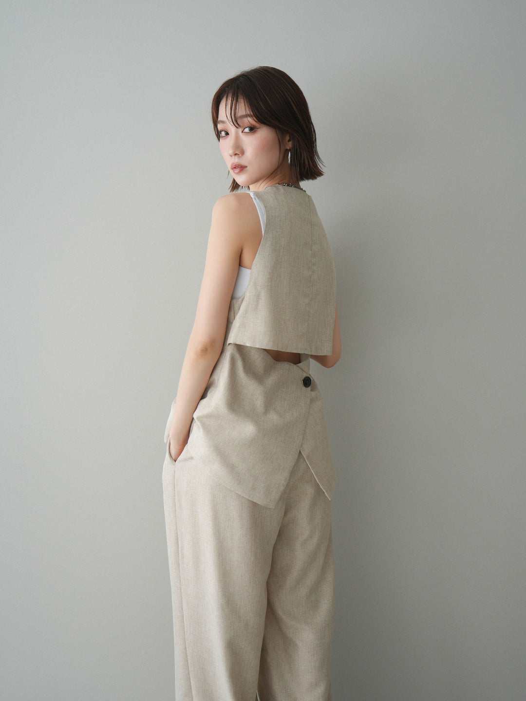 [SET]リネンライクバックオープンジレ+リネンライクタックワイドパンツ(2set)