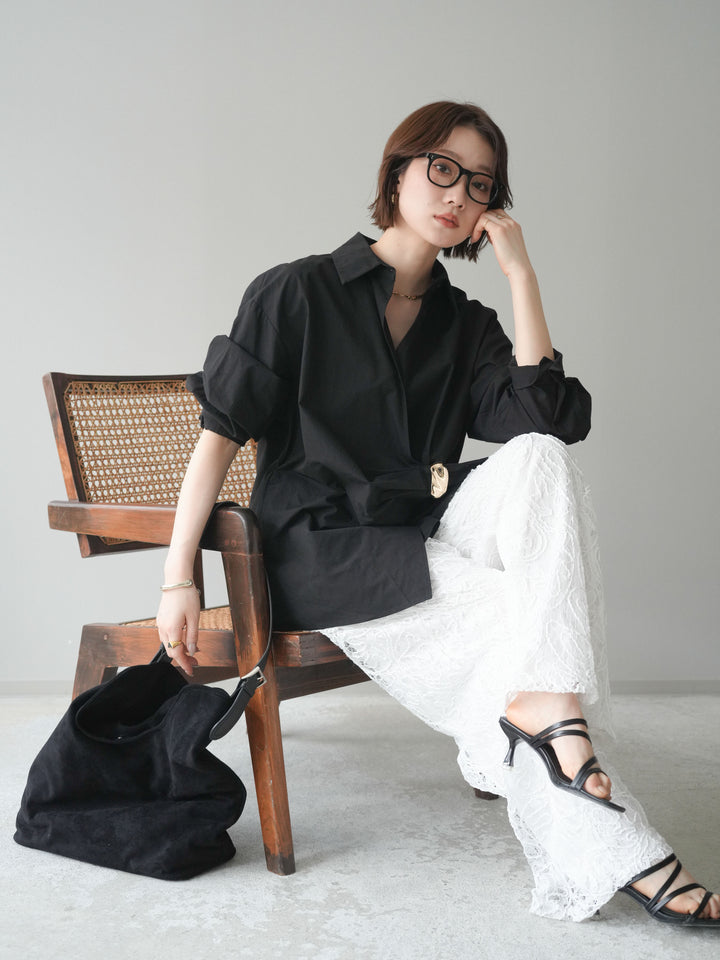 [SET]メタルパーツドレープシャツ+シアーコードレースイージーパンツ(2set)