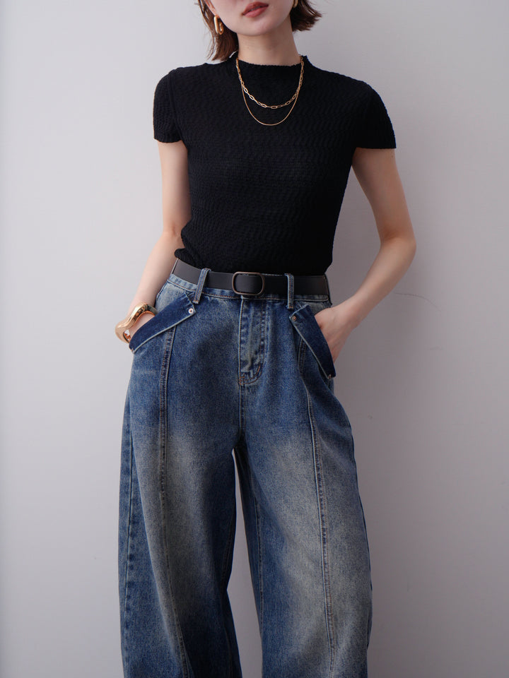 [予約]ウェーブハイネックフレンチニットトップス/black