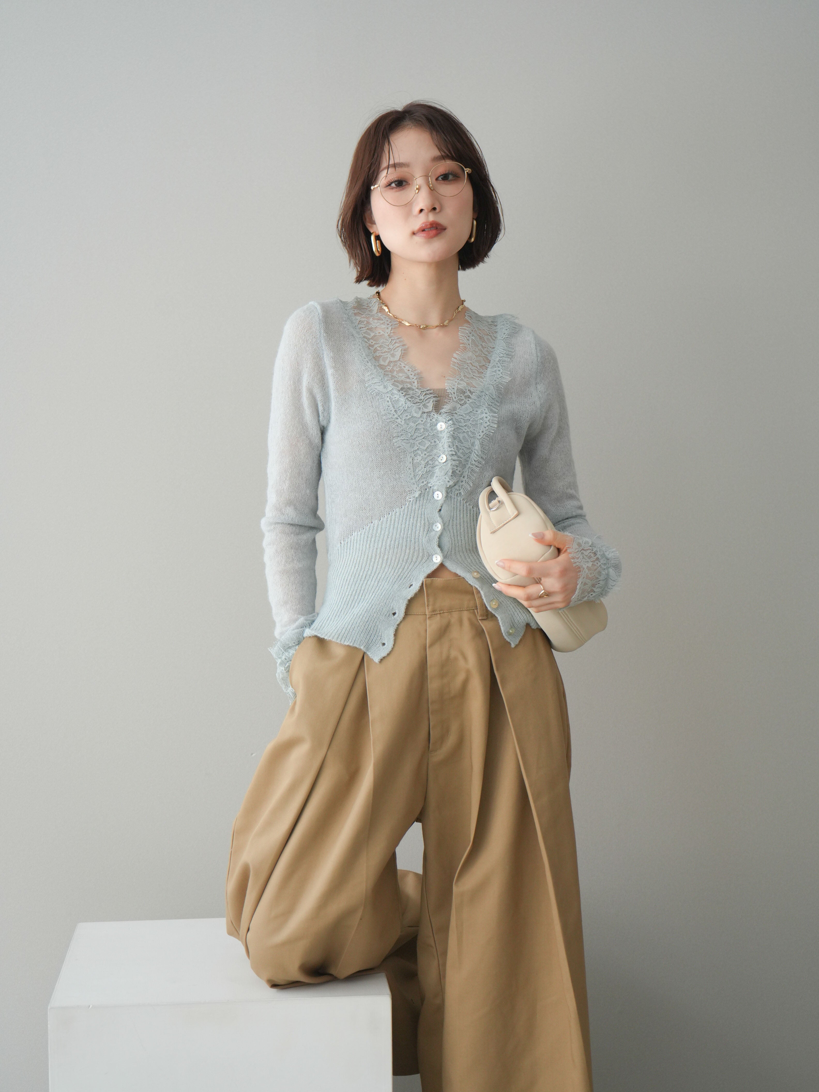 予約]モヘアタッチレースニットカーディガン/sax – Lumier
