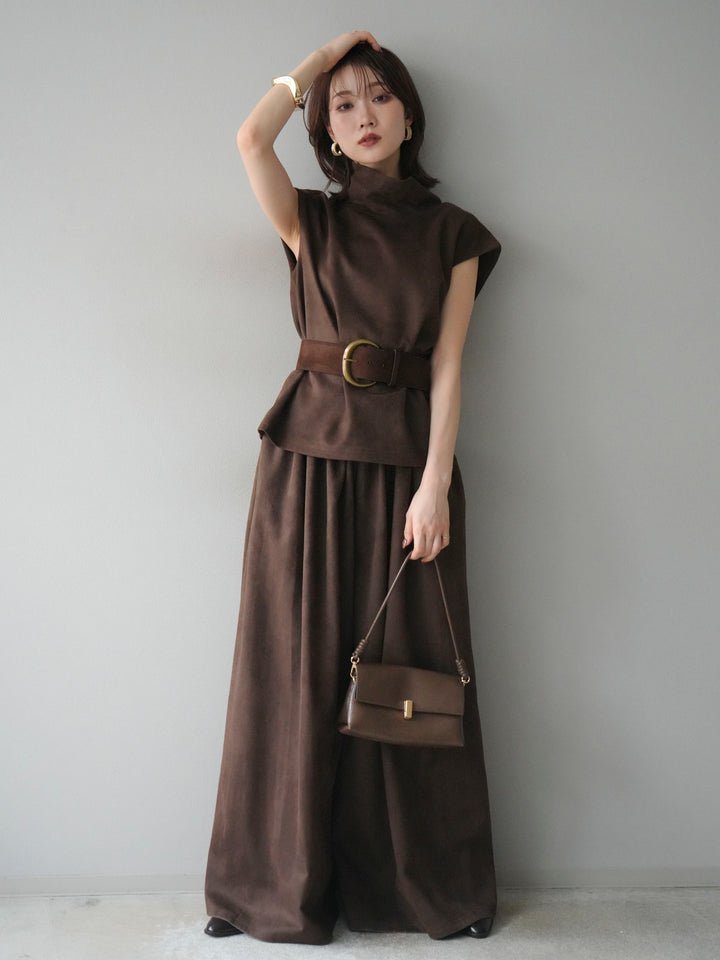 [SET]ベルト付スエードハイネックプルオーバー＆ワイドパンツSET UP