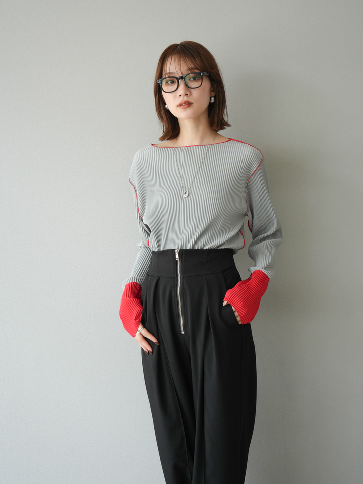 [予約]バイカラープリーツトップス/グレー