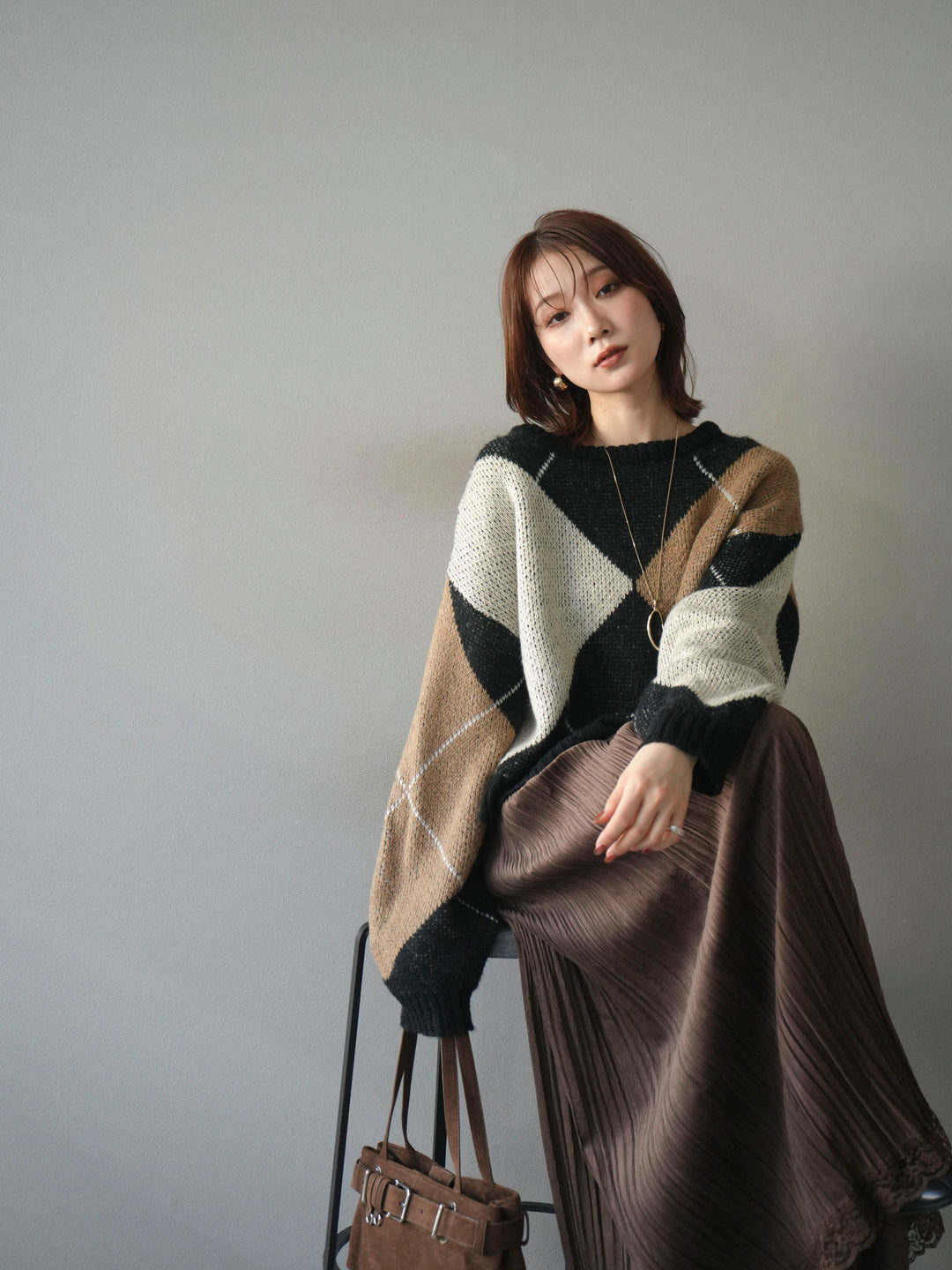 [予約]配色ステッチアーガイル柄ニットプルオーバー/black