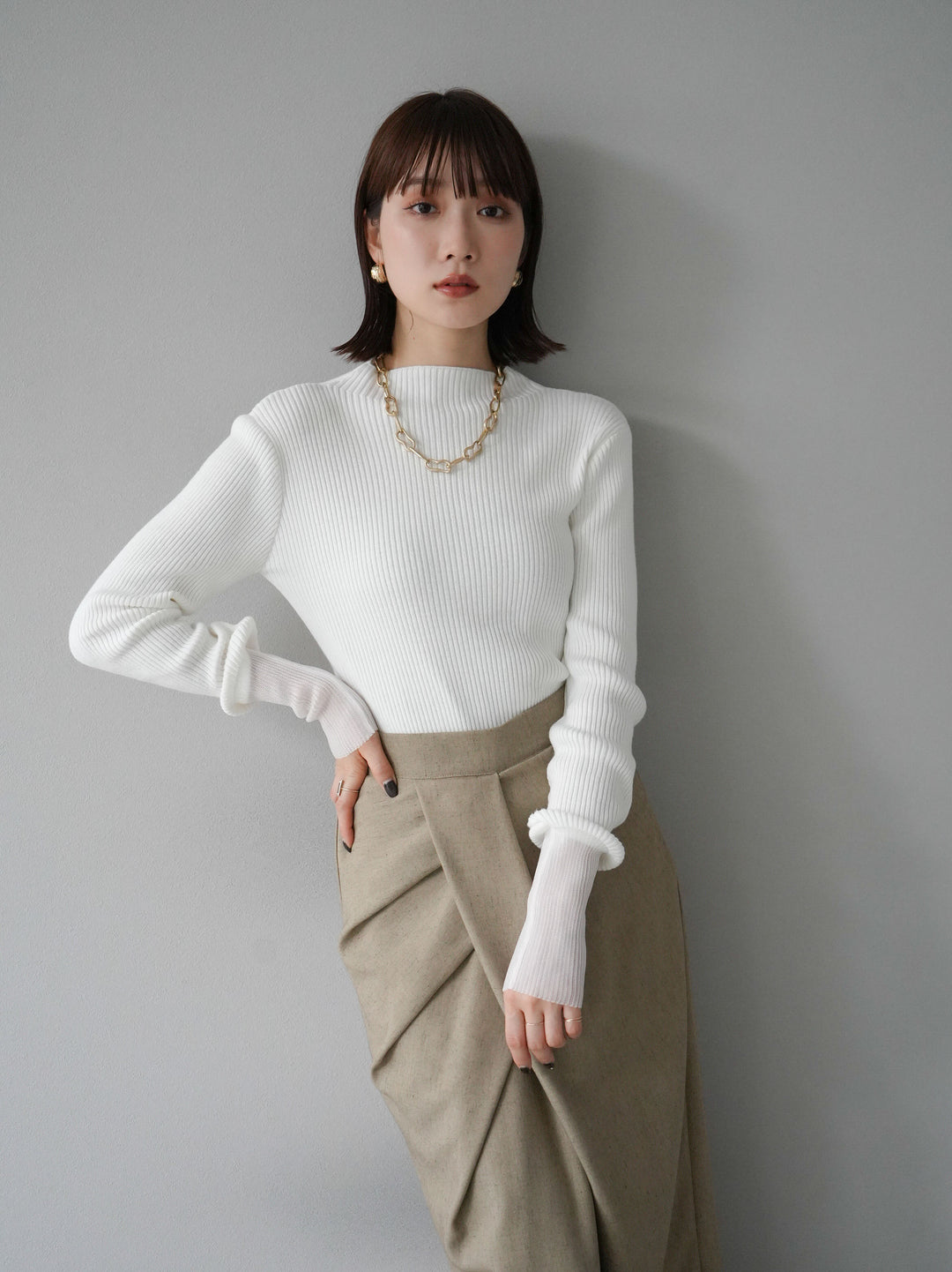 [予約]袖ラメシアー切替リブニットトップス/オフ