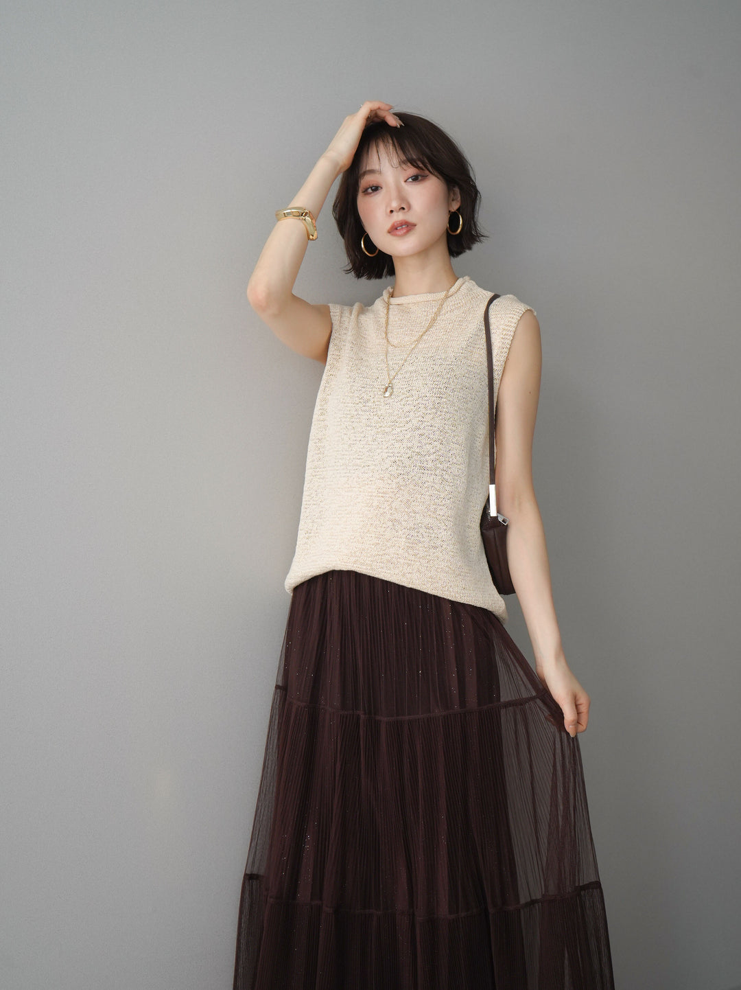 [予約]ノースリーブリネンタッチシアーニットプルオーバー/beige