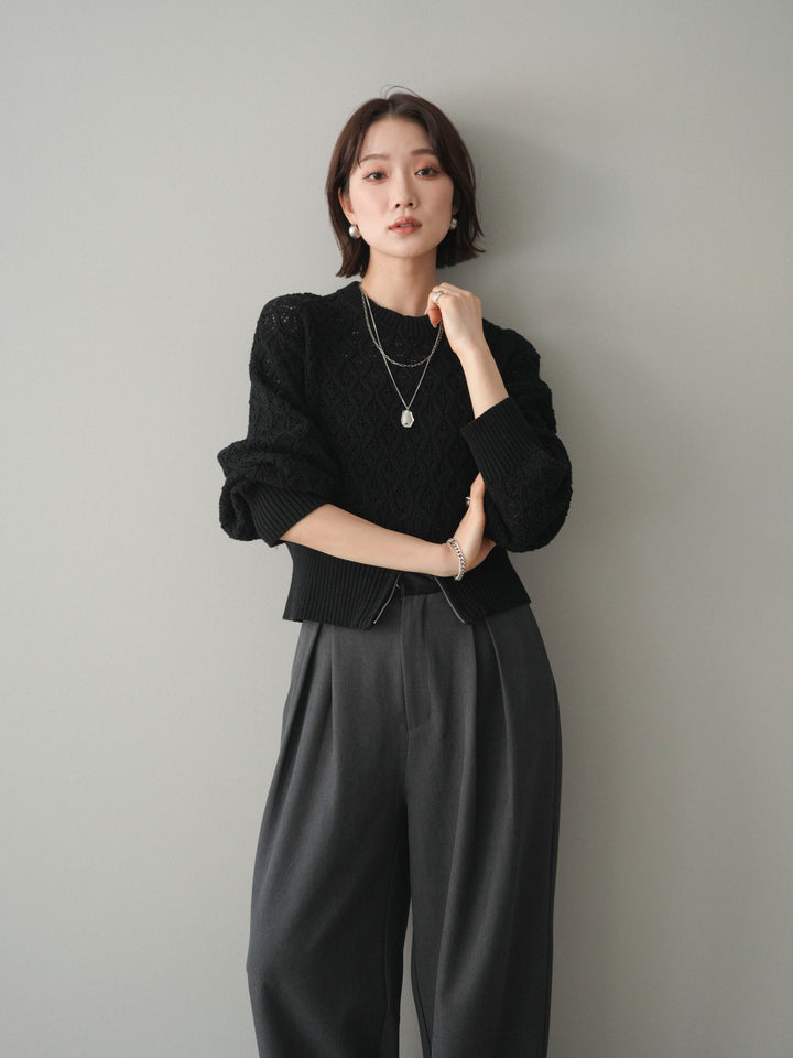 [予約]透かし編みフロントジップスリットニットプルオーバー/black