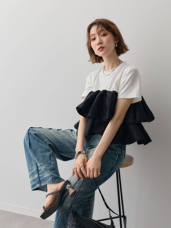 [SET]フリルティアードTEE+縦ウォッシュワイドデニムパンツ(2set)