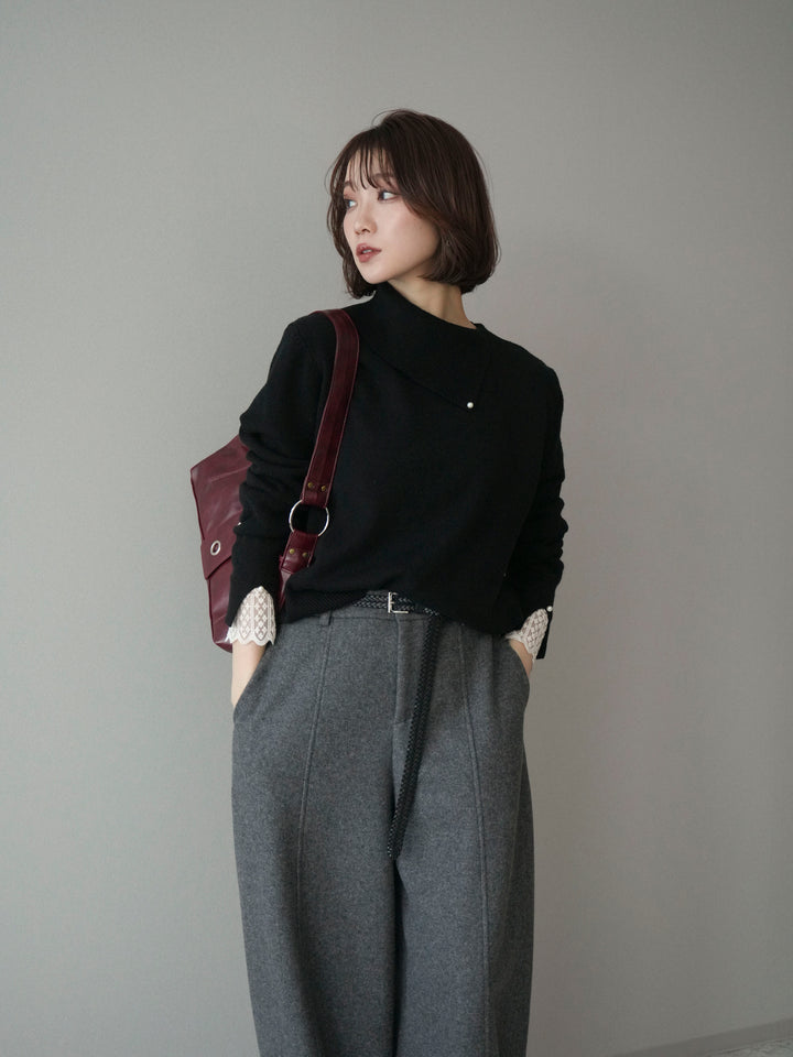 [SET]袖レースパール付き配色ニットトップス+ウールタッチカーブパンツ(2set)