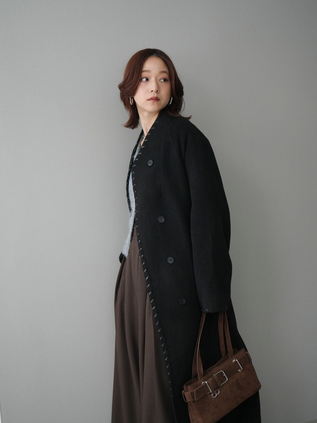 [SET]ハンドステッチ裏中綿ロングコート+モヘア衿付きボタンプルオーバー+テープベルトタックバギーパンツ(3set)