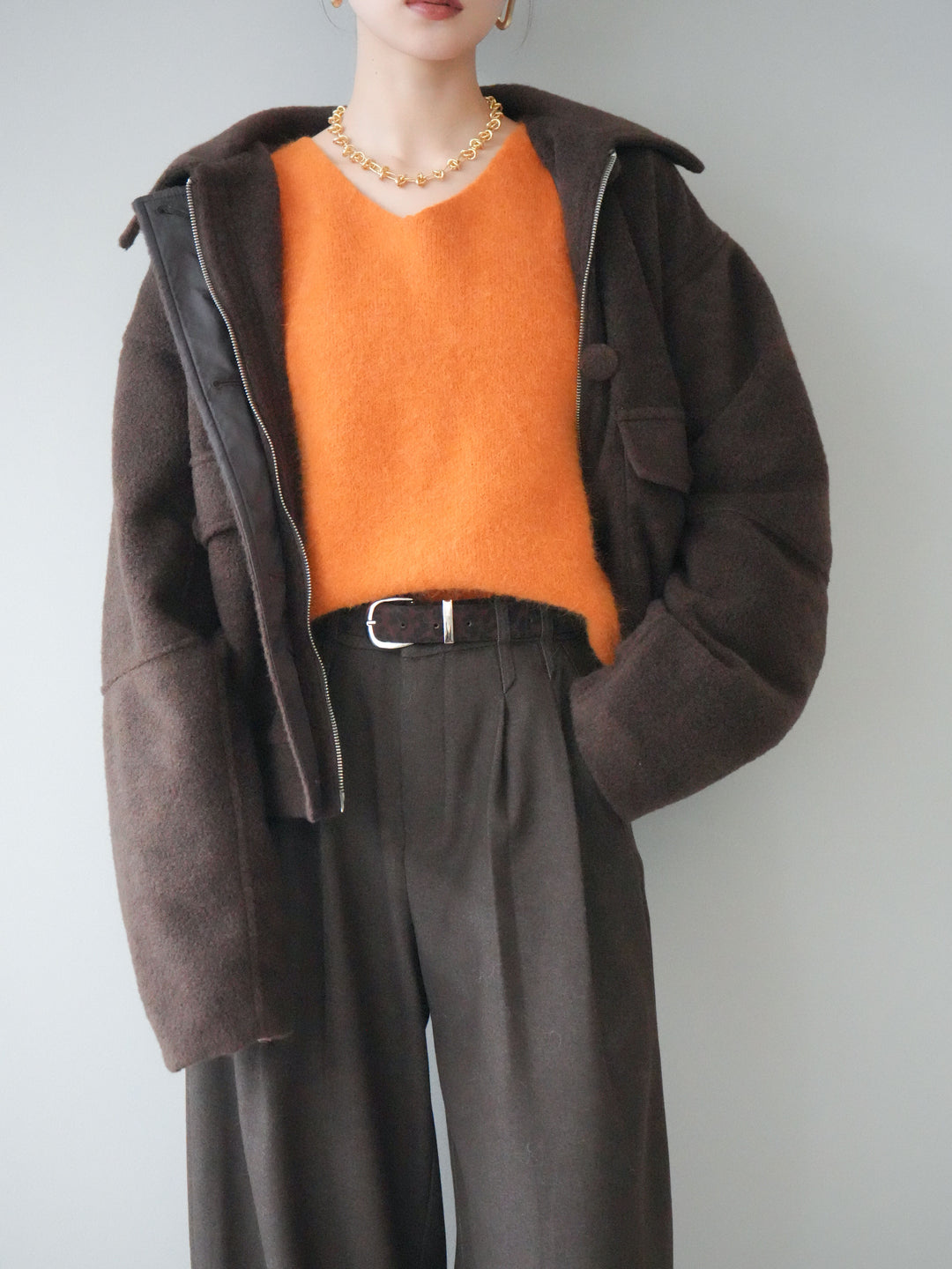 [SET]ウールライクフライトジャケット+シュシュ付きアンゴラタッチVネックニットプルオーバー(2set)