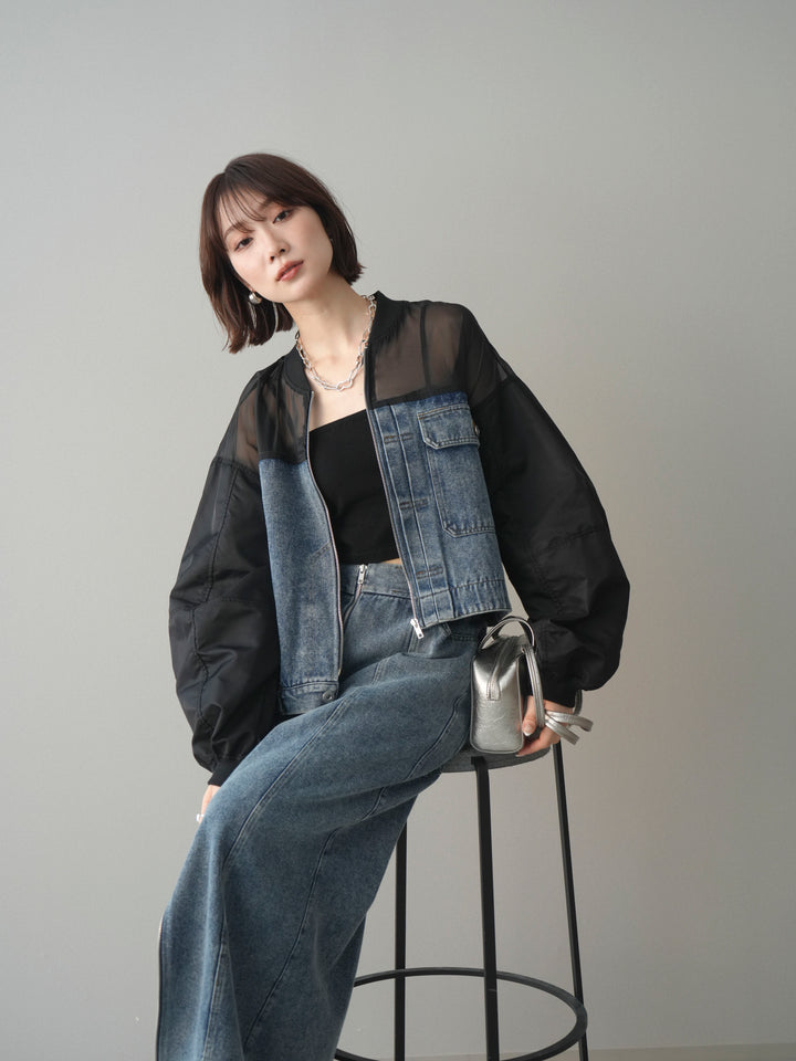 [SET]異素材デニムブルゾン+フロントジップデニムスカート(2set)