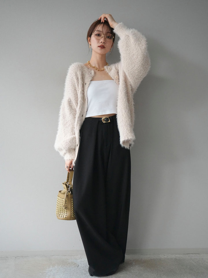 [SET]クルーネックランダムシャギーカーディガン+ベルトループデザインワイドパンツ(2set)