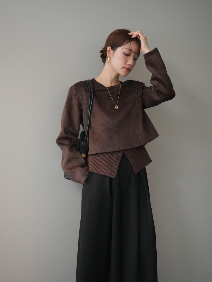 [予約]リブニットレイヤードスエードプルオーバー/brown