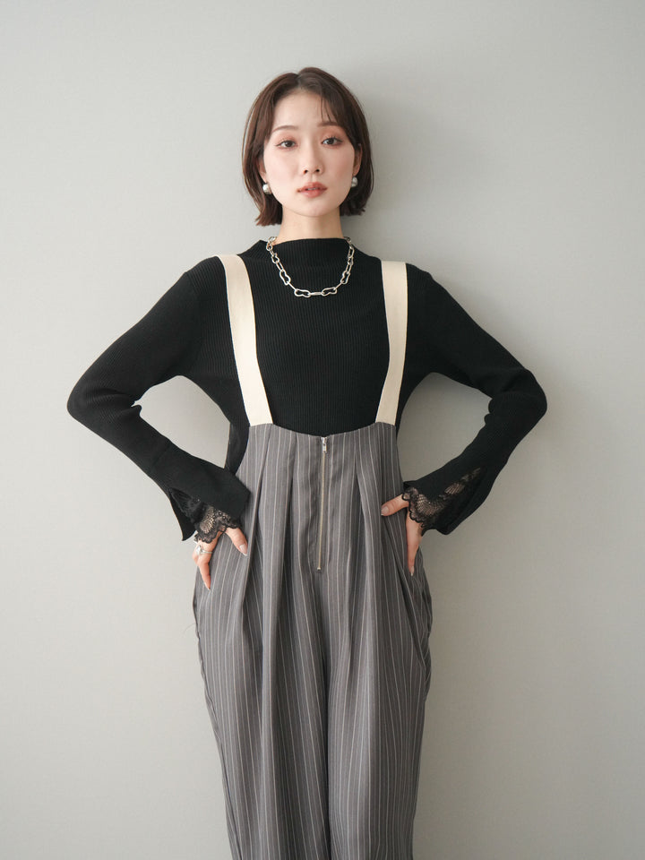 [SET]袖スカラップレースオフネックニットトップス+グログランテープストライプサロペット(2set)