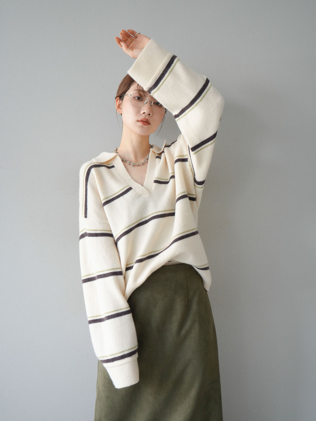 [SET]ポロ襟スキッパーボーダーニットプルオーバー+スウェードIラインスカート(2set)