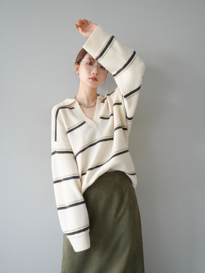 [SET]ポロ襟スキッパーボーダーニットプルオーバー+スウェードIラインスカート(2set)