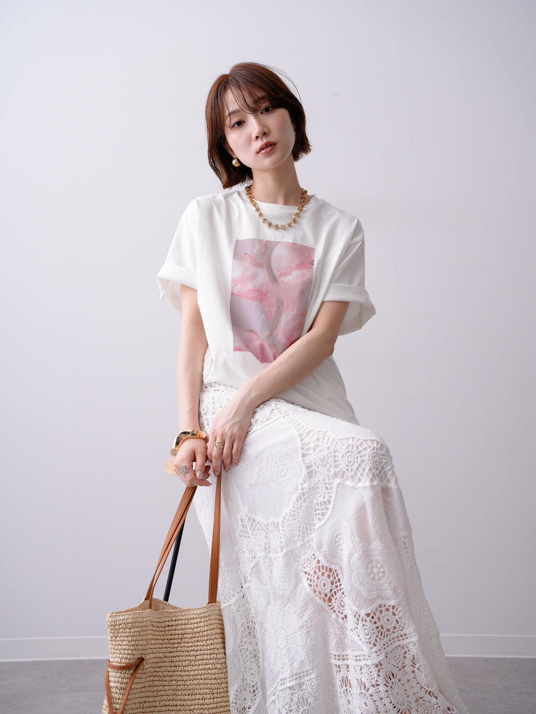 [SET]ニュアンスフローラルフォトTEE+クロシェマキシスカート(2set)