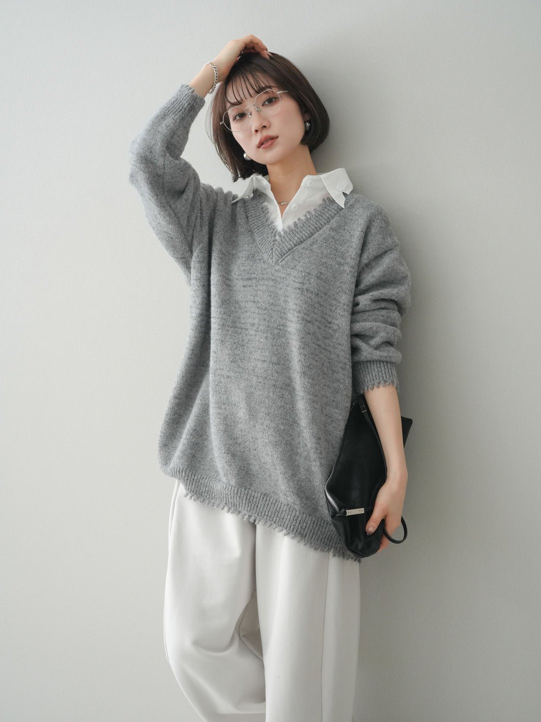 [予約]シャツドッキングVネックフリンジニットプルオーバー/gray