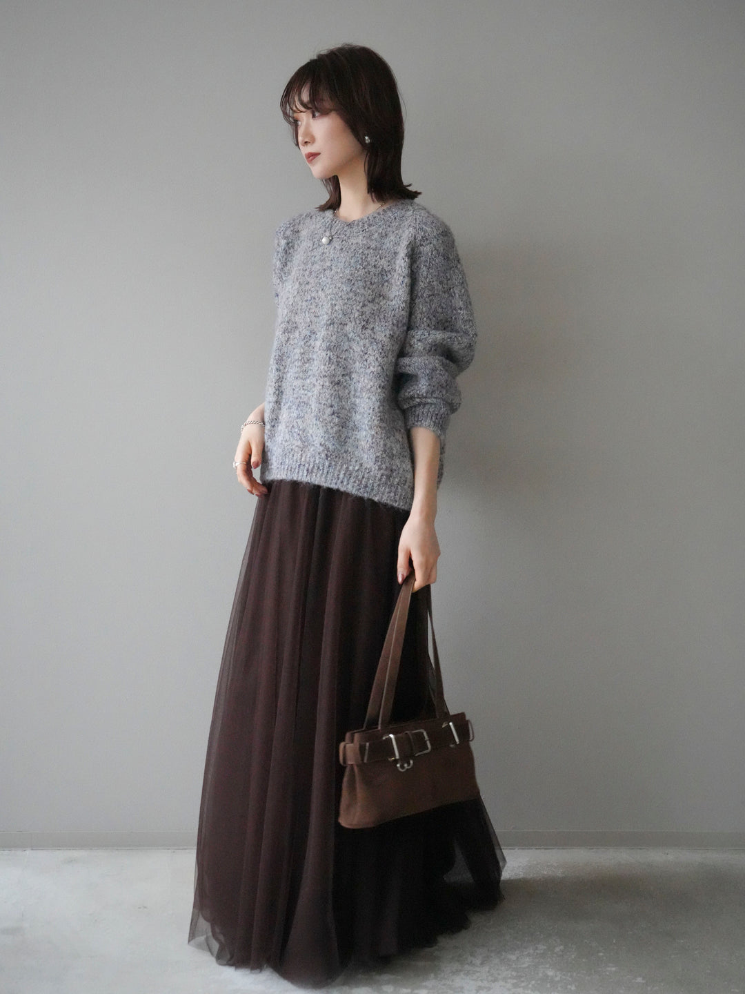 [SET]ロゴラベルミックスヤーンニットプルオーバー+チュールボリュームスカート(2set)