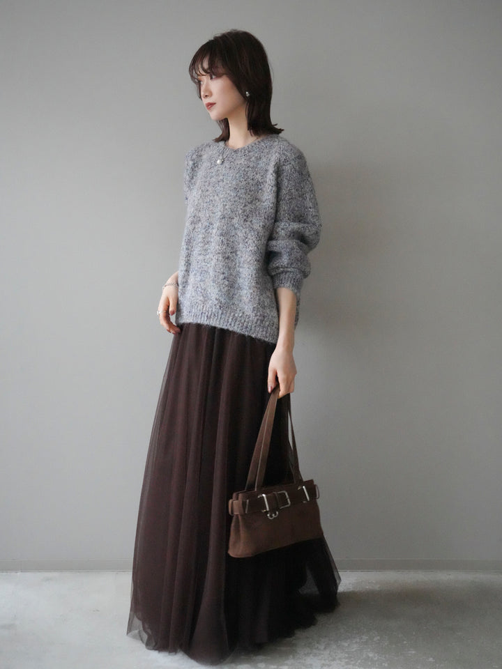 [SET]ロゴラベルミックスヤーンニットプルオーバー+チュールボリュームスカート(2set)
