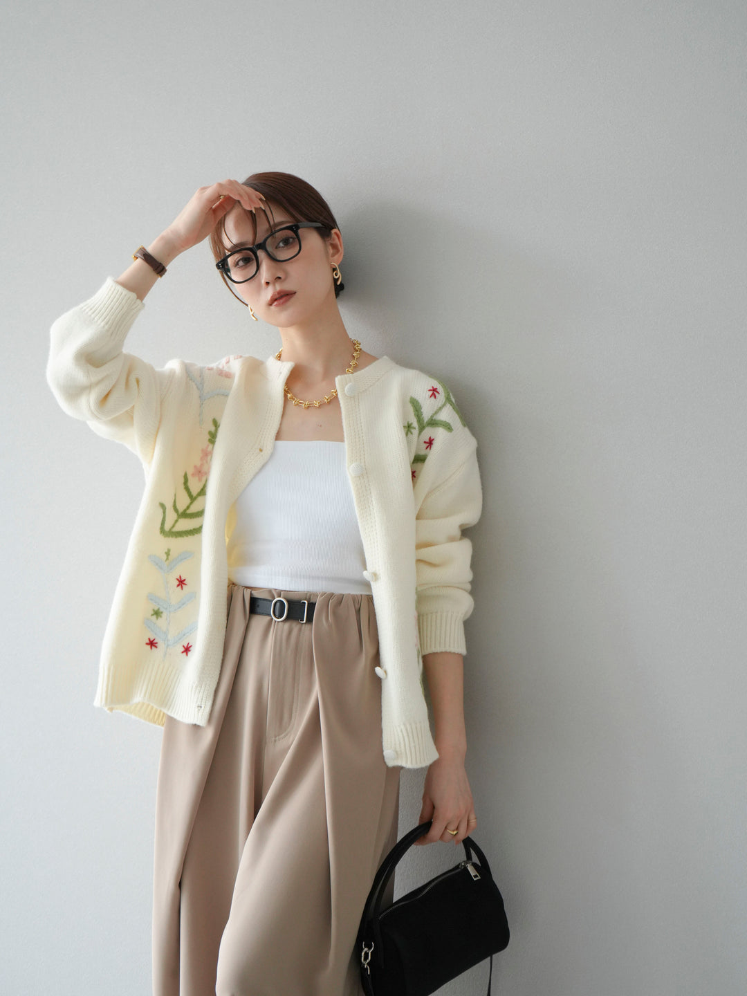 [SET]フラワー刺繍ニットカーディガン+ベルト付タックワイドパンツ(2set)