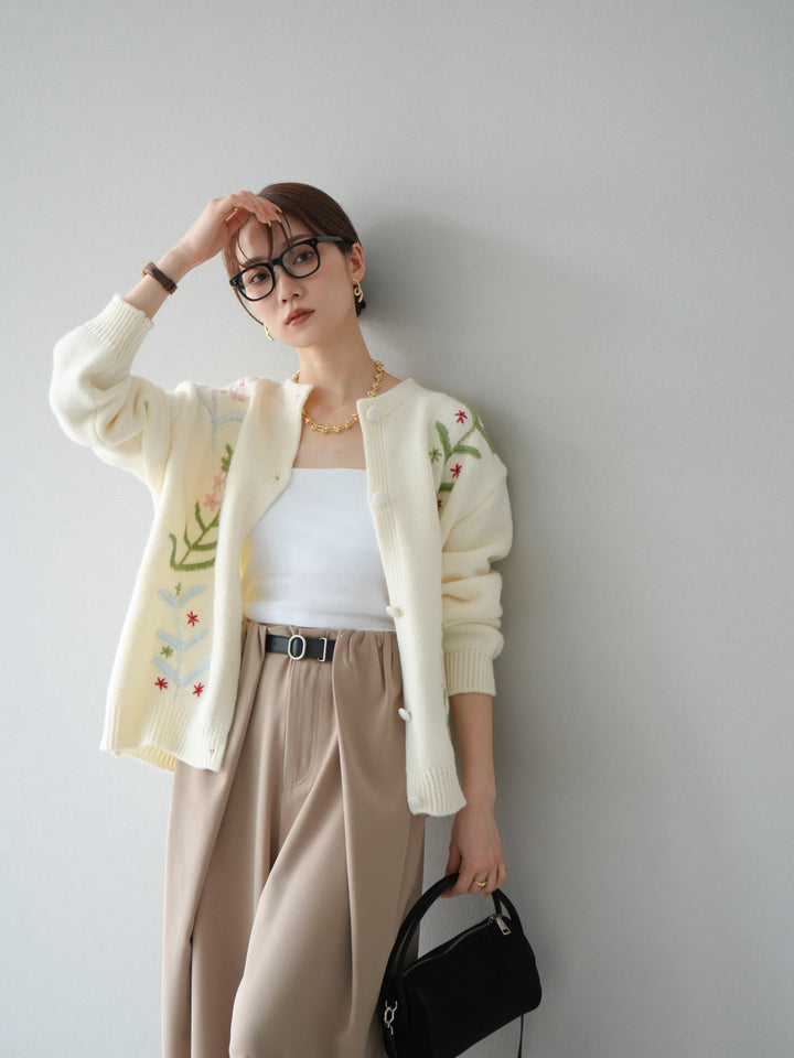 [SET]フラワー刺繍ニットカーディガン+ベルト付タックワイドパンツ(2set)