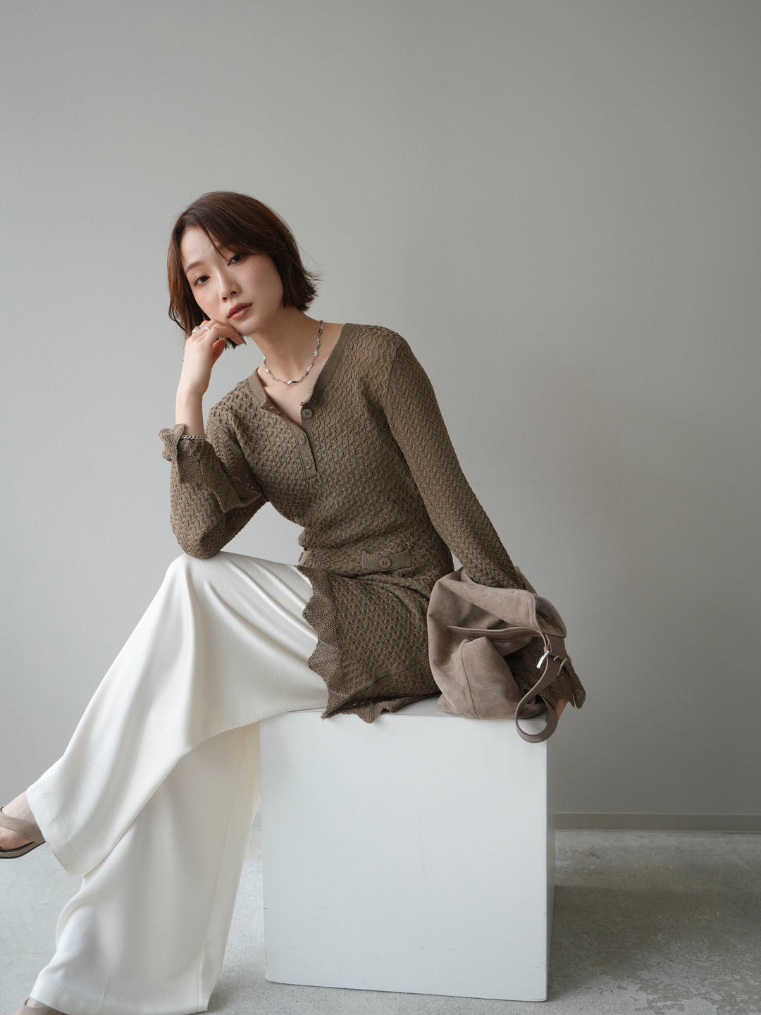 [予約]ヘンリーネックニットチュニック/khaki