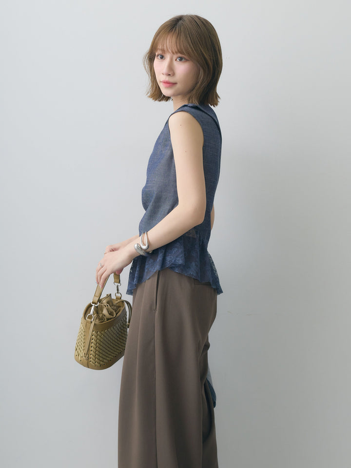 [SET]アシンメトリーラッフルレースヘムトップス+クレープデシンタックワイドパンツ(2set)
