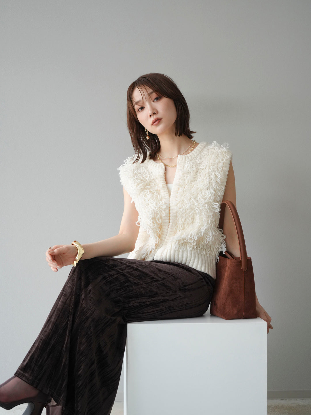 [SET]レザー襟オンブレチェックオーバーシャツ +ループデザインホックベスト +クラッシュベロアナロースカート(3set)