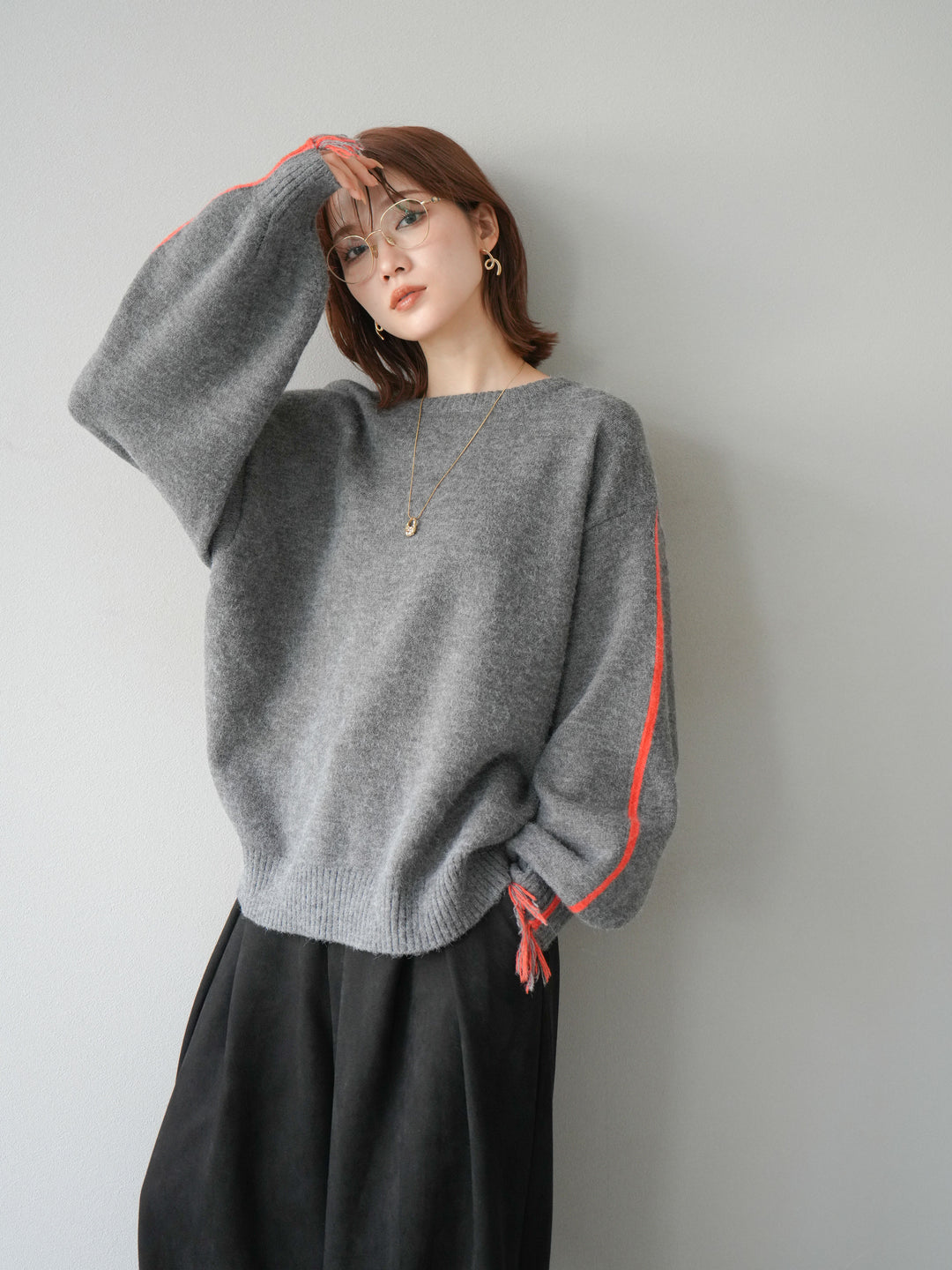 [SET]配色ステッチフリンジニットプルオーバー +スウェードタックワイドパンツ(2set)