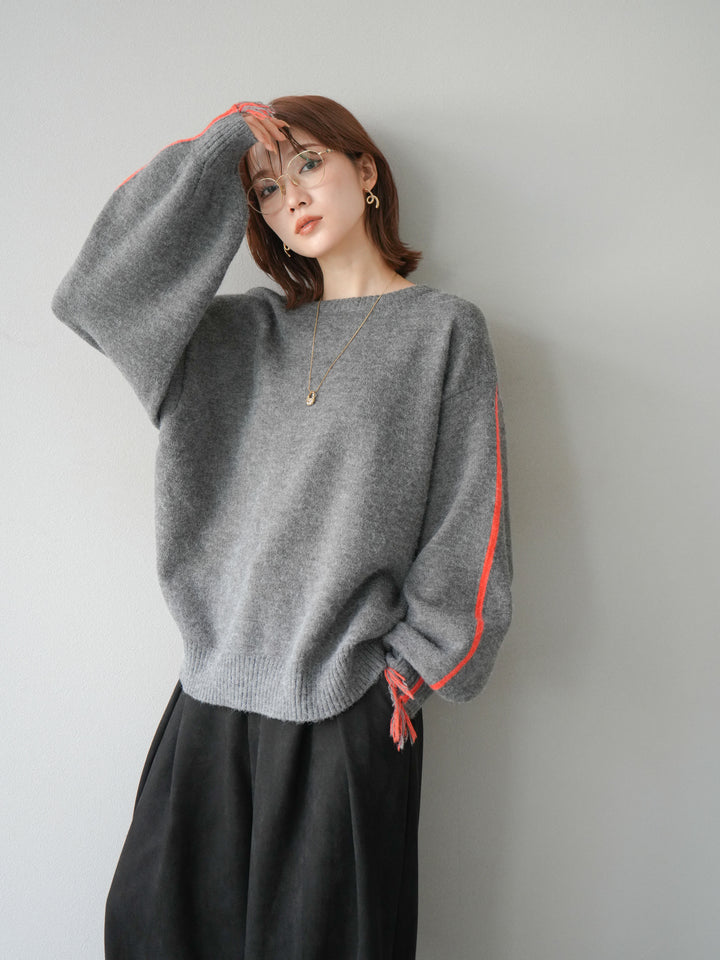 [SET]配色ステッチフリンジニットプルオーバー +スウェードタックワイドパンツ(2set)