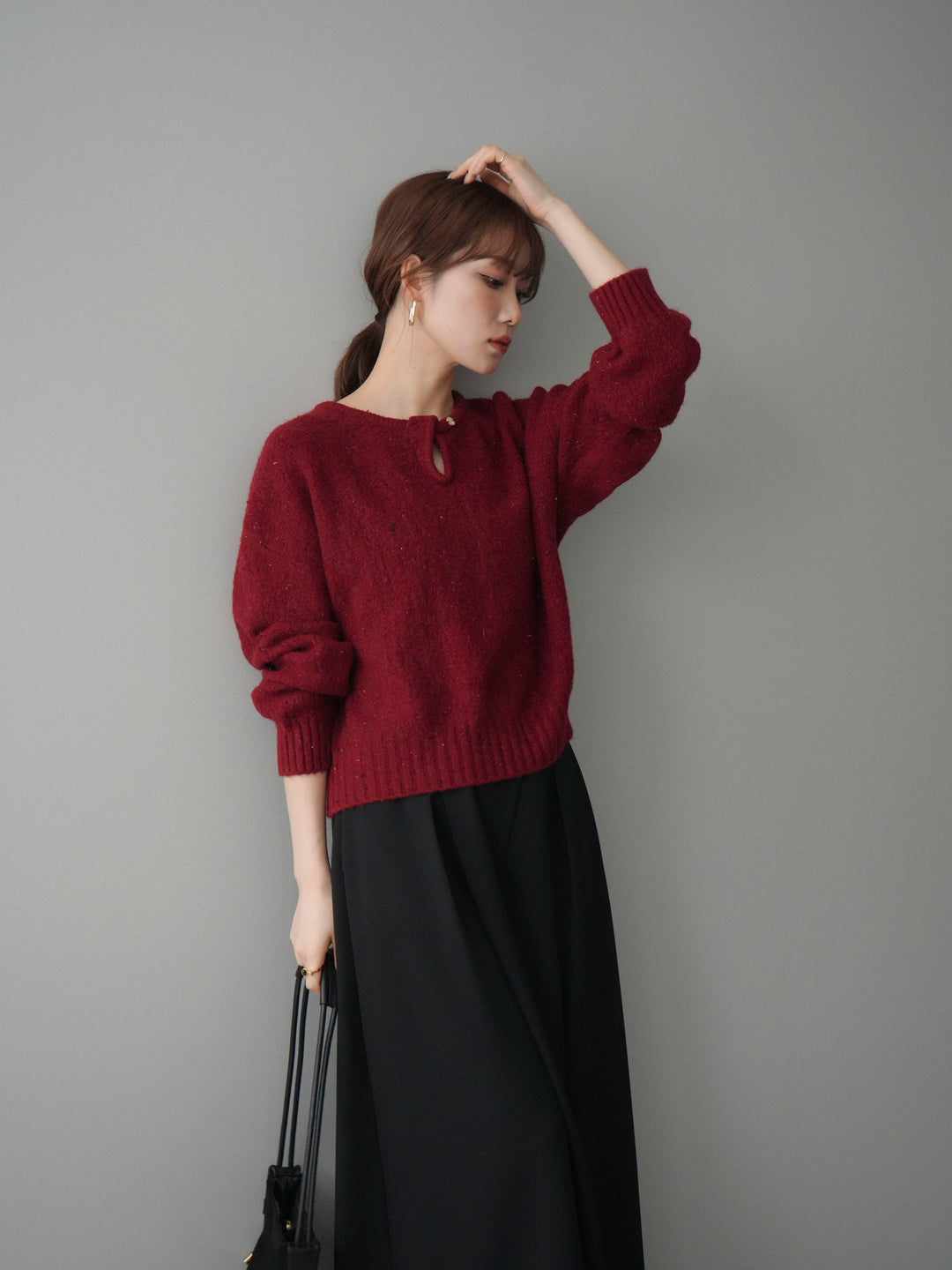 [予約]ツイストネックラメネップヤーンニットプルオーバー/red