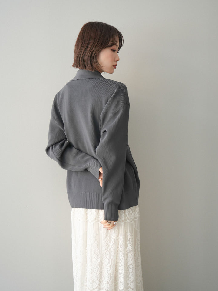 [予約]メタルボタン襟付きポリエステルニットカーディガン/charcoal