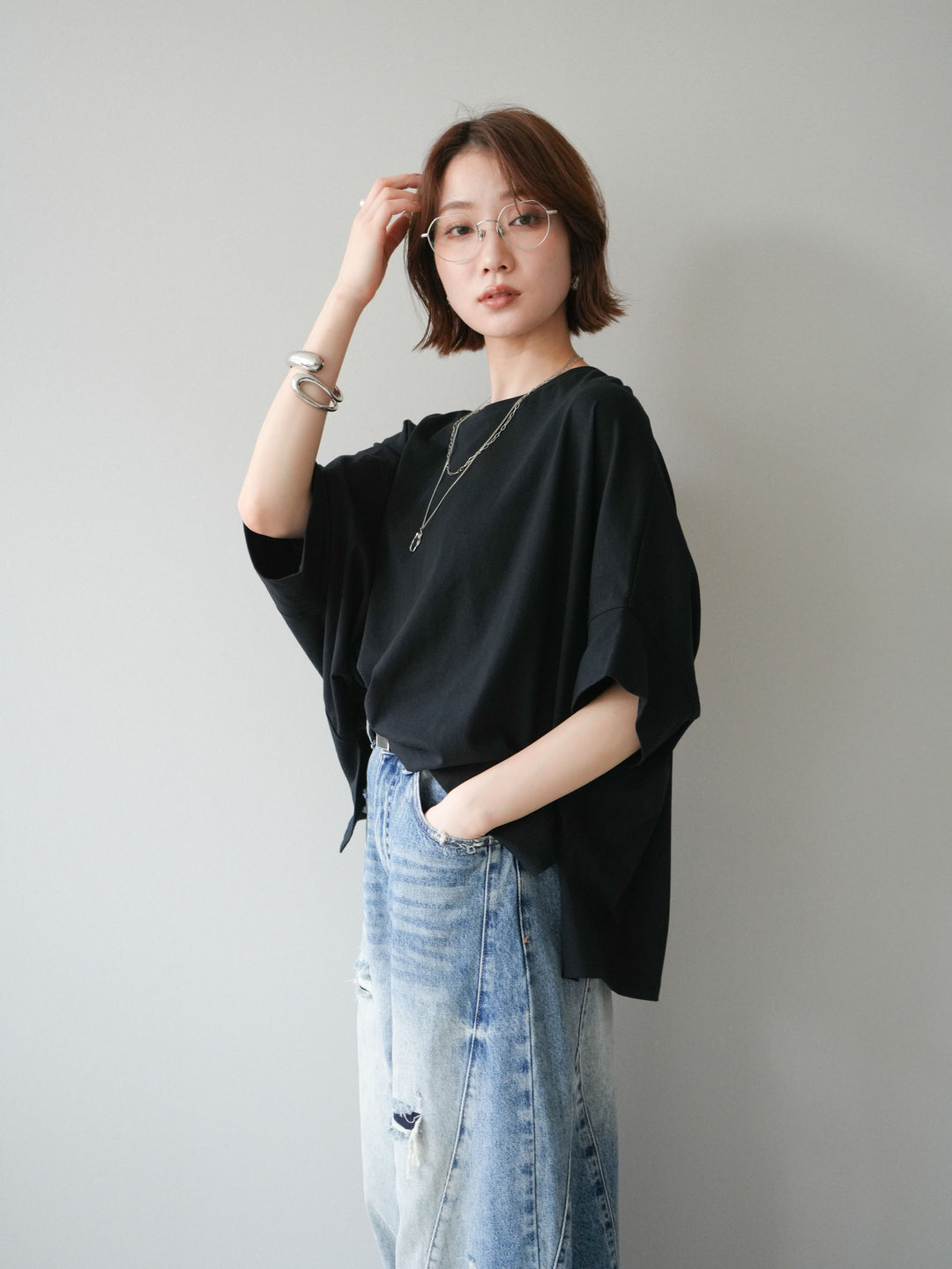 [SET]ドルマンワイドフレアトップス+ダメージカーブワイドデニムパンツ(2set)