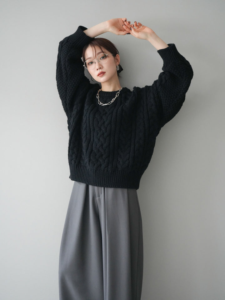 [SET]ボリュームケーブルニットプルオーバー+ベルトループデザインワイドパンツ(2set)