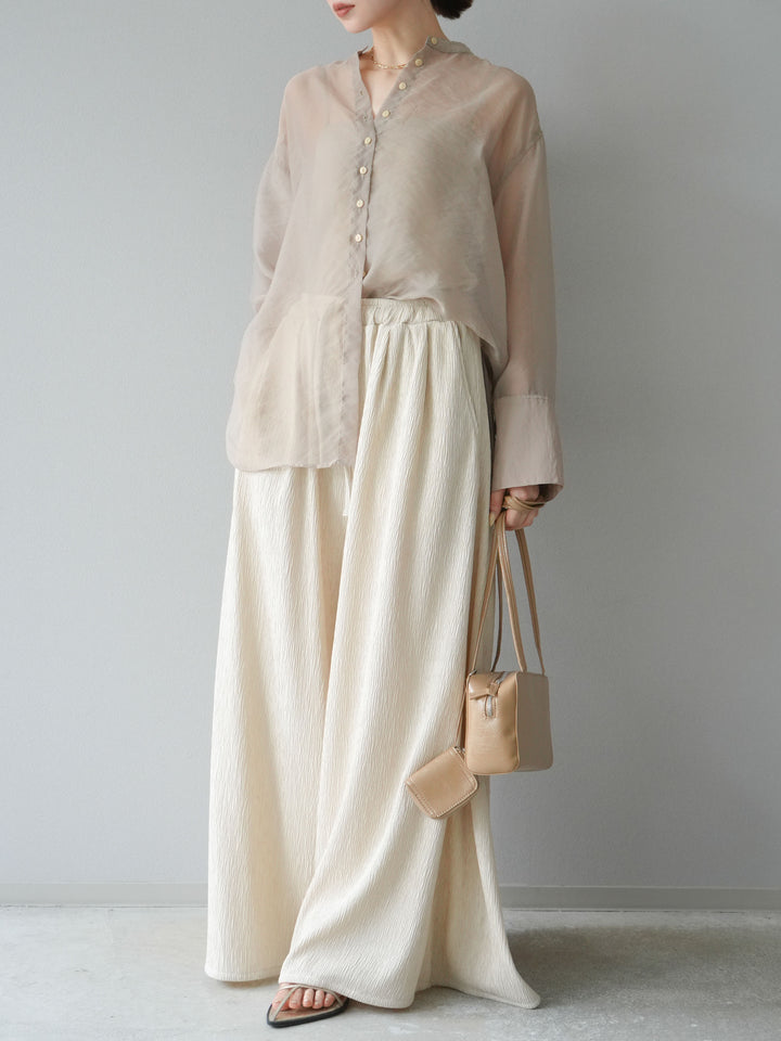 [SET] 亮面透視立領襯衫 + 柳葉寬褲 (2set)