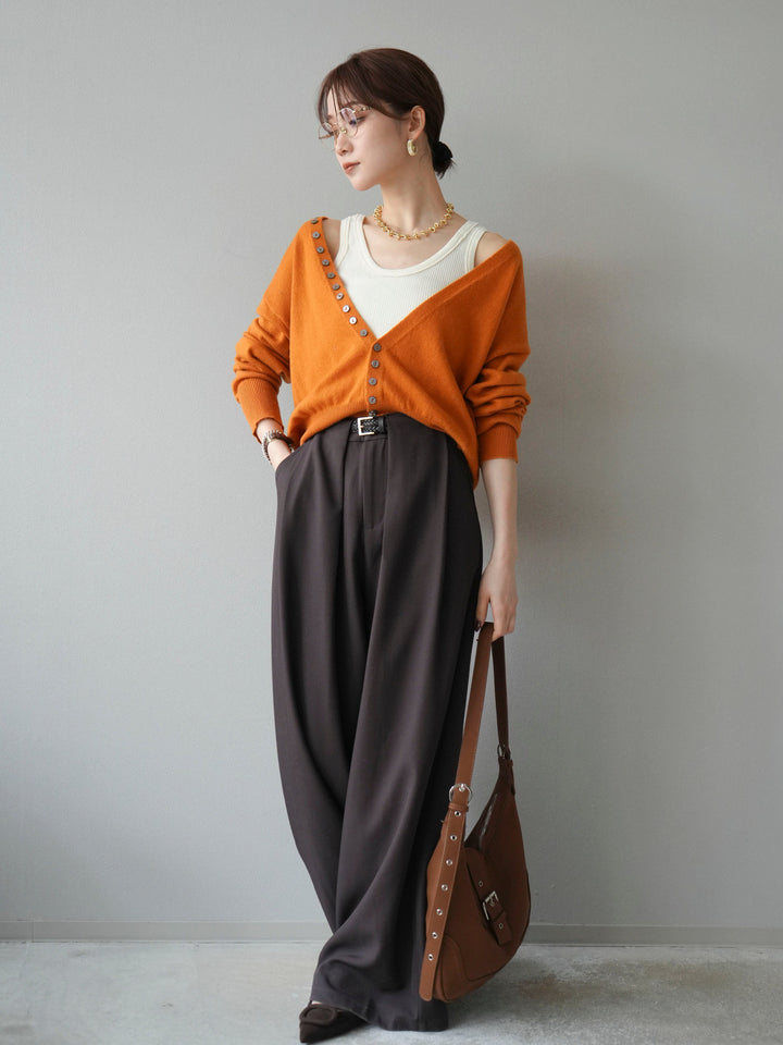 [SET]デザインボタンニットカーディガン＆タンクトップSET+ベルトループデザインワイドパンツ(2set)