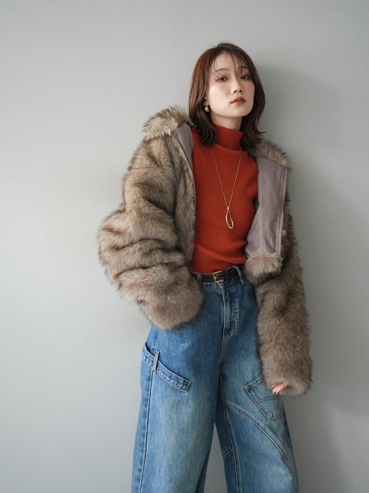 [予約]フェイクファーショートZIPジャケット/brownmix