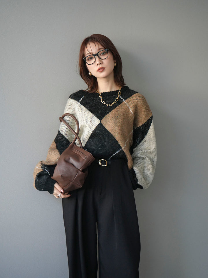 [SET]配色ステッチアーガイル柄ニットプルオーバー+ベルトループデザインワイドパンツ(2set)